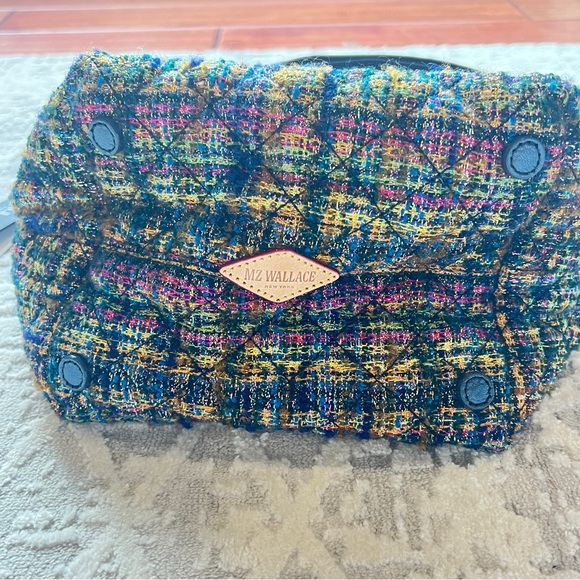 MZ WALLACE MINI METRO TOTE DELUXE Gold Multi Tweed with Metallic Blue Trim NWT - Picture 6 of 9